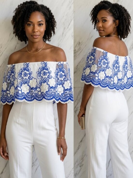 Pants - White Off-Shoulder Blue Floral Embroidery Ruffle Jumpsuit SZ M